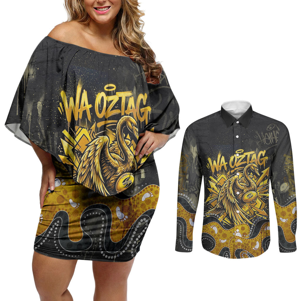 Personalised Western Australia Oztag Swan Couples Matching Off Shoulder Short Dress and Long Sleeve Button Shirt Black Gold Graffiti Aboriginal Dot Pattern