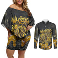 Personalised Western Australia Oztag Swan Couples Matching Off Shoulder Short Dress and Long Sleeve Button Shirt Black Gold Graffiti Aboriginal Dot Pattern