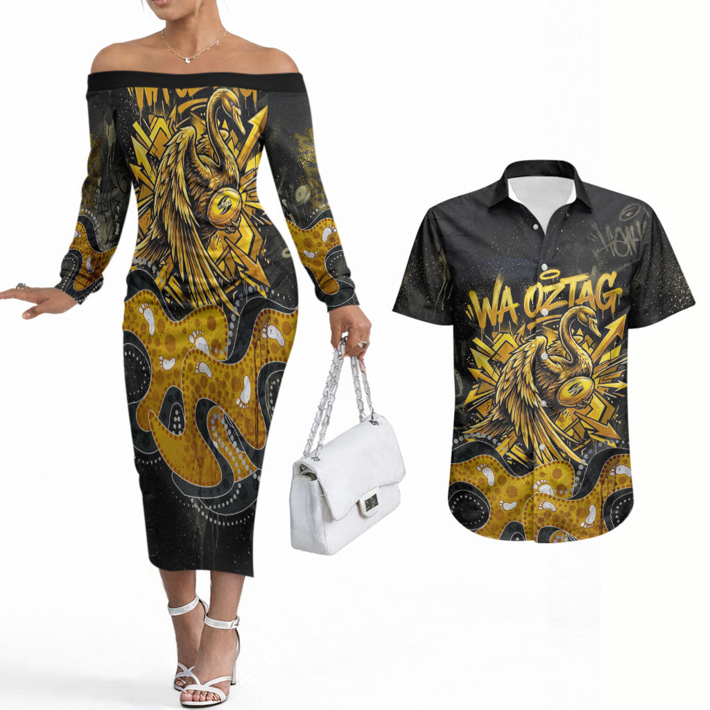 Personalised Western Australia Oztag Swan Couples Matching Off The Shoulder Long Sleeve Dress and Hawaiian Shirt Black Gold Graffiti Aboriginal Dot Pattern