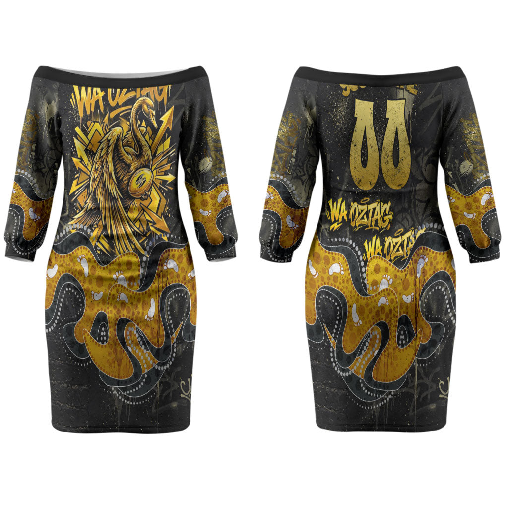 Personalised Western Australia Oztag Swan Couples Matching Off The Shoulder Long Sleeve Dress and Hawaiian Shirt Black Gold Graffiti Aboriginal Dot Pattern