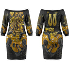 Personalised Western Australia Oztag Swan Couples Matching Off The Shoulder Long Sleeve Dress and Long Sleeve Button Shirt Black Gold Graffiti Aboriginal Dot Pattern