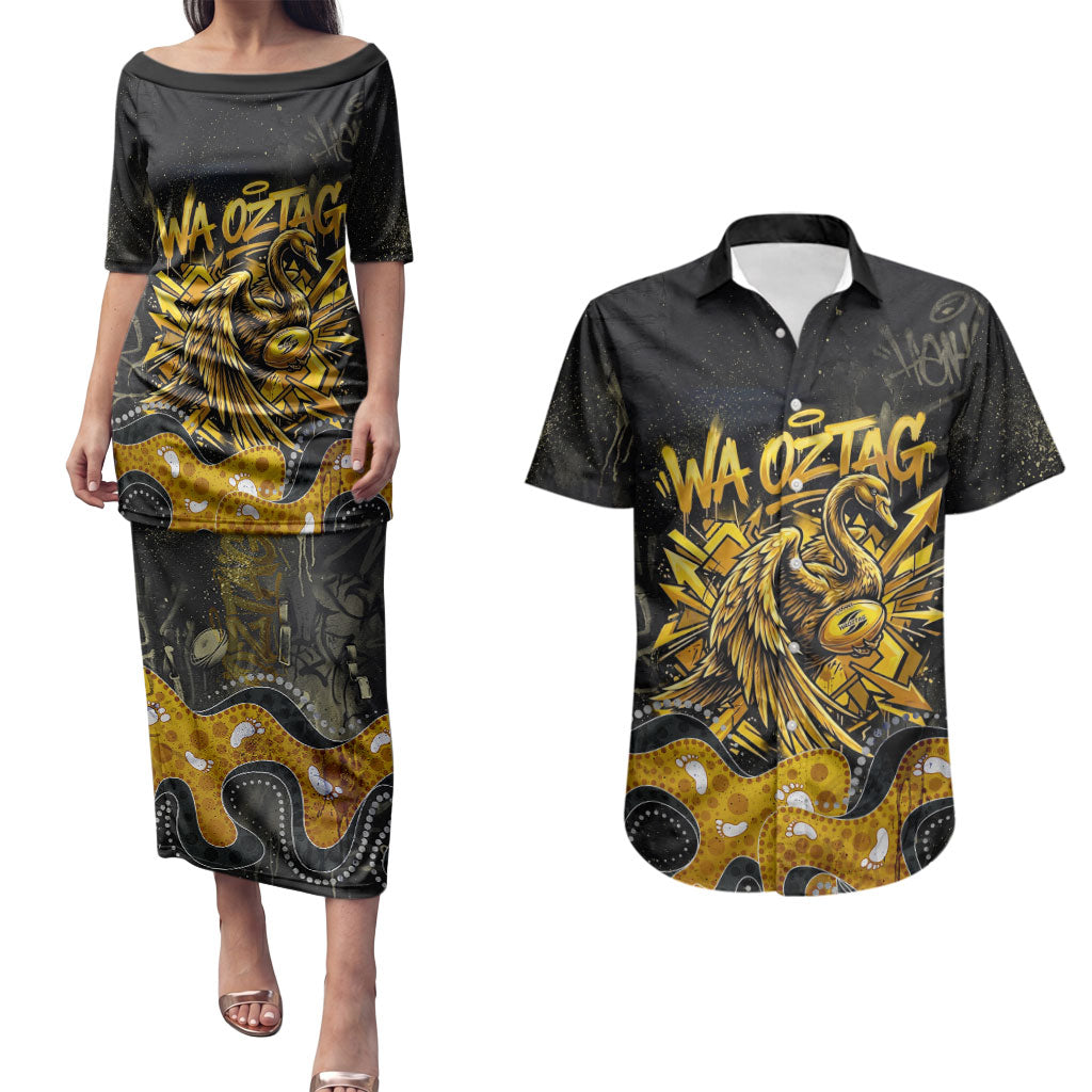Personalised Western Australia Oztag Swan Couples Matching Puletasi and Hawaiian Shirt Black Gold Graffiti Aboriginal Dot Pattern