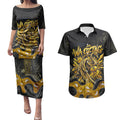 Personalised Western Australia Oztag Swan Couples Matching Puletasi and Hawaiian Shirt Black Gold Graffiti Aboriginal Dot Pattern
