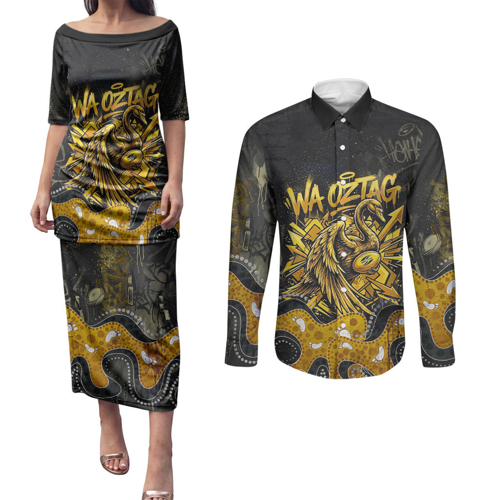 Personalised Western Australia Oztag Swan Couples Matching Puletasi and Long Sleeve Button Shirt Black Gold Graffiti Aboriginal Dot Pattern