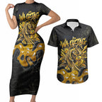 Personalised Western Australia Oztag Swan Couples Matching Short Sleeve Bodycon Dress and Hawaiian Shirt Black Gold Graffiti Aboriginal Dot Pattern