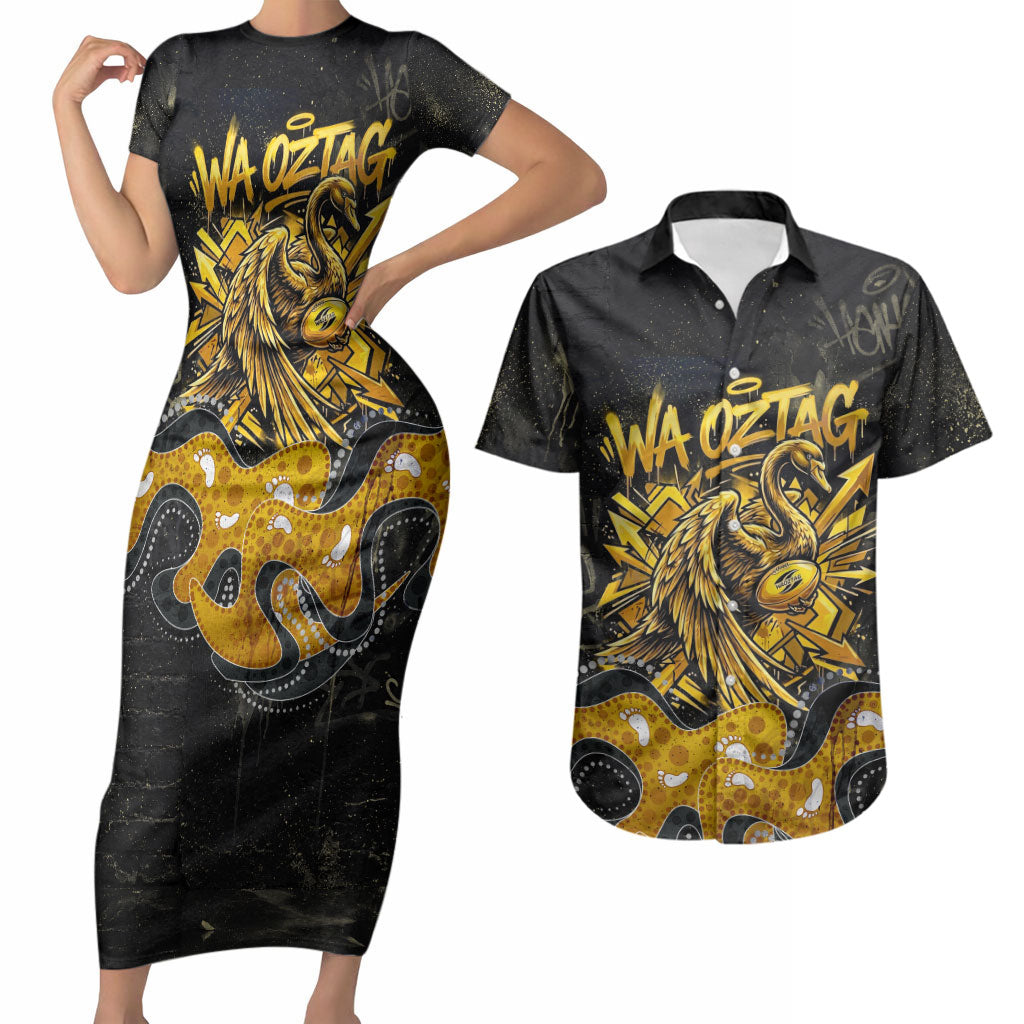 Personalised Western Australia Oztag Swan Couples Matching Short Sleeve Bodycon Dress and Hawaiian Shirt Black Gold Graffiti Aboriginal Dot Pattern