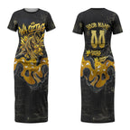 Personalised Western Australia Oztag Swan Couples Matching Short Sleeve Bodycon Dress and Hawaiian Shirt Black Gold Graffiti Aboriginal Dot Pattern