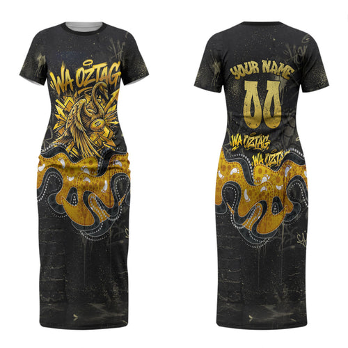 Personalised Western Australia Oztag Swan Couples Matching Short Sleeve Bodycon Dress and Hawaiian Shirt Black Gold Graffiti Aboriginal Dot Pattern