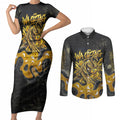 Personalised Western Australia Oztag Swan Couples Matching Short Sleeve Bodycon Dress and Long Sleeve Button Shirt Black Gold Graffiti Aboriginal Dot Pattern