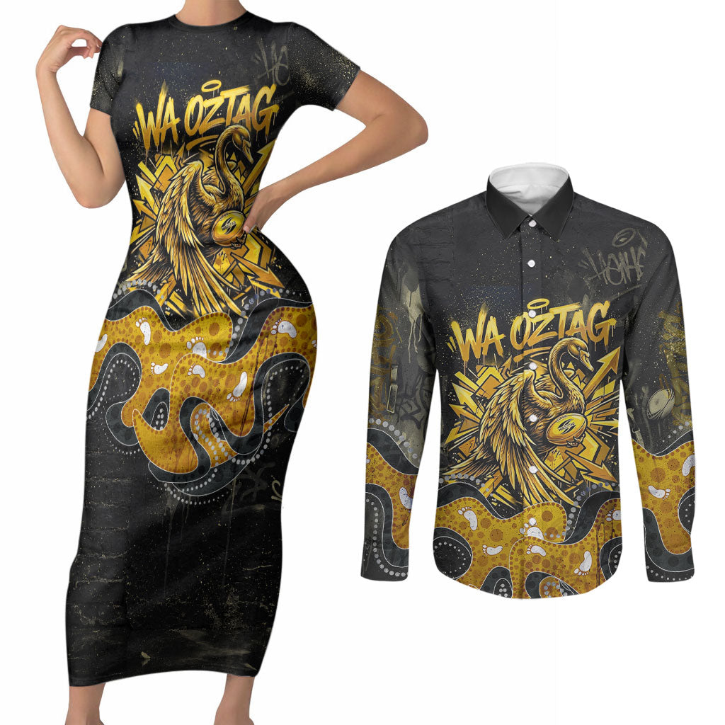 Personalised Western Australia Oztag Swan Couples Matching Short Sleeve Bodycon Dress and Long Sleeve Button Shirt Black Gold Graffiti Aboriginal Dot Pattern