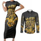 Personalised Western Australia Oztag Swan Couples Matching Short Sleeve Bodycon Dress and Long Sleeve Button Shirt Black Gold Graffiti Aboriginal Dot Pattern