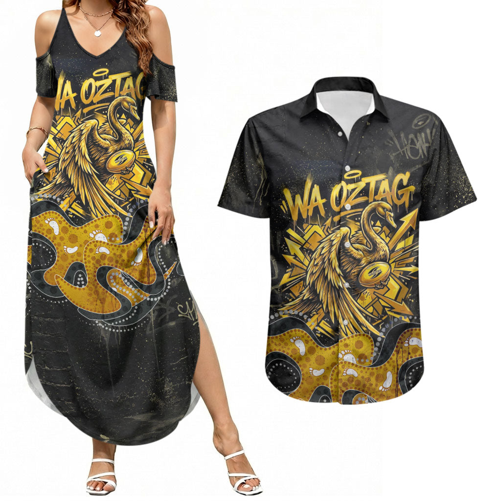 Personalised Western Australia Oztag Swan Couples Matching Summer Maxi Dress and Hawaiian Shirt Black Gold Graffiti Aboriginal Dot Pattern