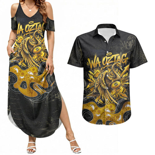 Personalised Western Australia Oztag Swan Couples Matching Summer Maxi Dress and Hawaiian Shirt Black Gold Graffiti Aboriginal Dot Pattern