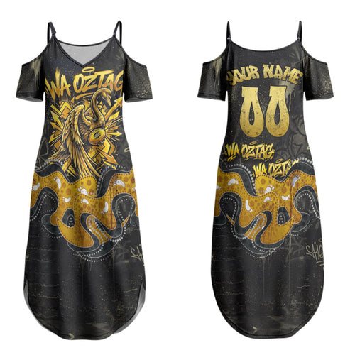 Personalised Western Australia Oztag Swan Couples Matching Summer Maxi Dress and Hawaiian Shirt Black Gold Graffiti Aboriginal Dot Pattern