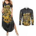 Personalised Western Australia Oztag Swan Couples Matching Summer Maxi Dress and Long Sleeve Button Shirt Black Gold Graffiti Aboriginal Dot Pattern