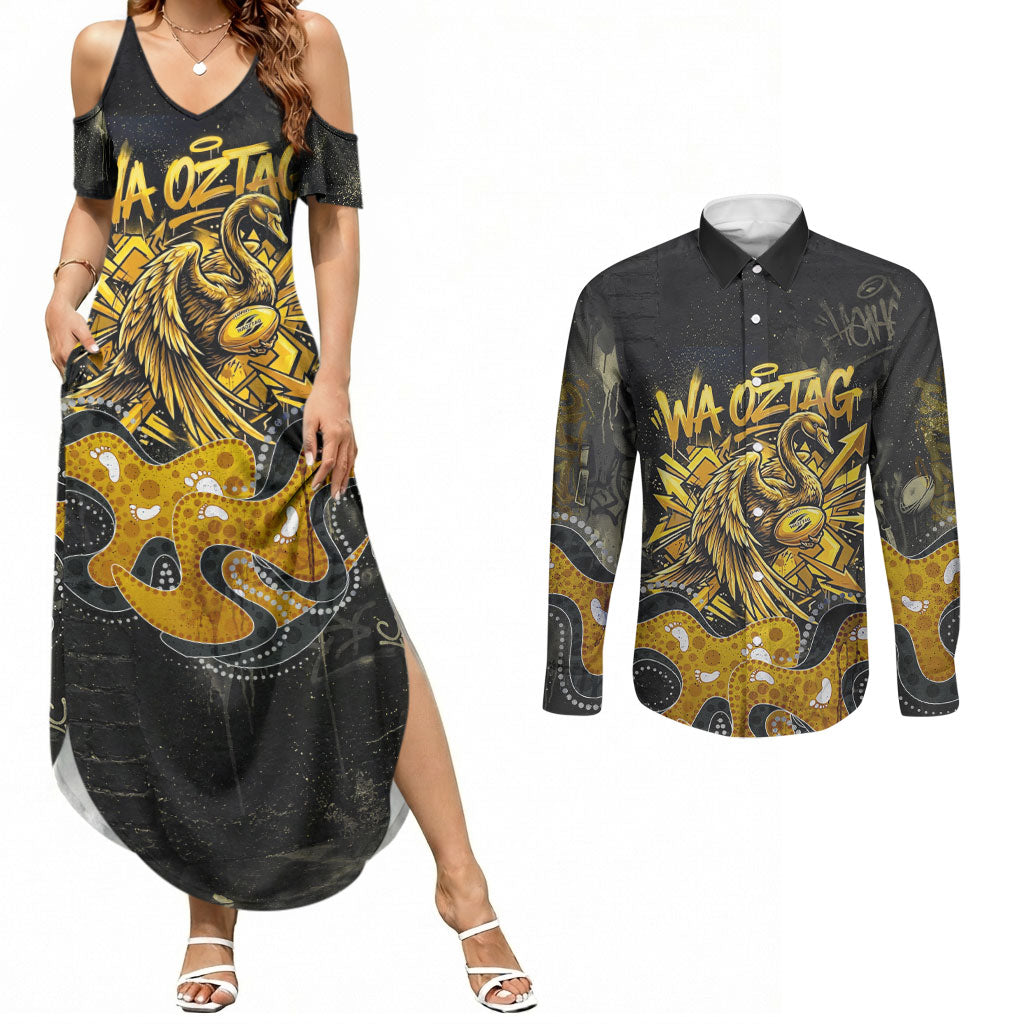 Personalised Western Australia Oztag Swan Couples Matching Summer Maxi Dress and Long Sleeve Button Shirt Black Gold Graffiti Aboriginal Dot Pattern