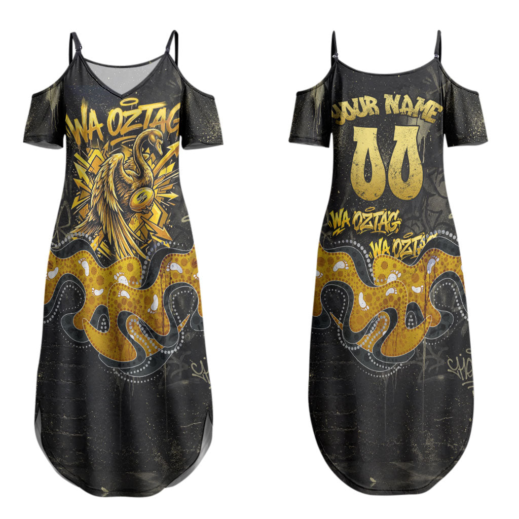 Personalised Western Australia Oztag Swan Couples Matching Summer Maxi Dress and Long Sleeve Button Shirt Black Gold Graffiti Aboriginal Dot Pattern