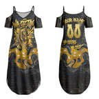 Personalised Western Australia Oztag Swan Couples Matching Summer Maxi Dress and Long Sleeve Button Shirt Black Gold Graffiti Aboriginal Dot Pattern