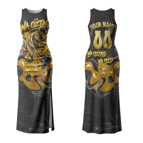 Personalised Western Australia Oztag Swan Couples Matching Tank Maxi Dress and Hawaiian Shirt Black Gold Graffiti Aboriginal Dot Pattern