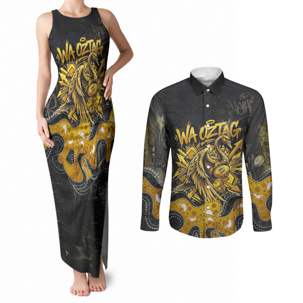 Personalised Western Australia Oztag Swan Couples Matching Tank Maxi Dress and Long Sleeve Button Shirt Black Gold Graffiti Aboriginal Dot Pattern
