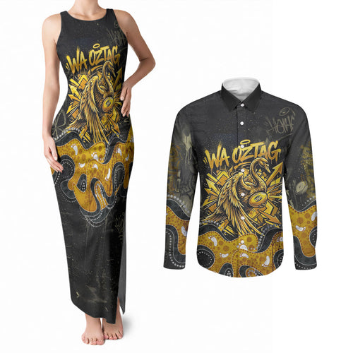 Personalised Western Australia Oztag Swan Couples Matching Tank Maxi Dress and Long Sleeve Button Shirt Black Gold Graffiti Aboriginal Dot Pattern