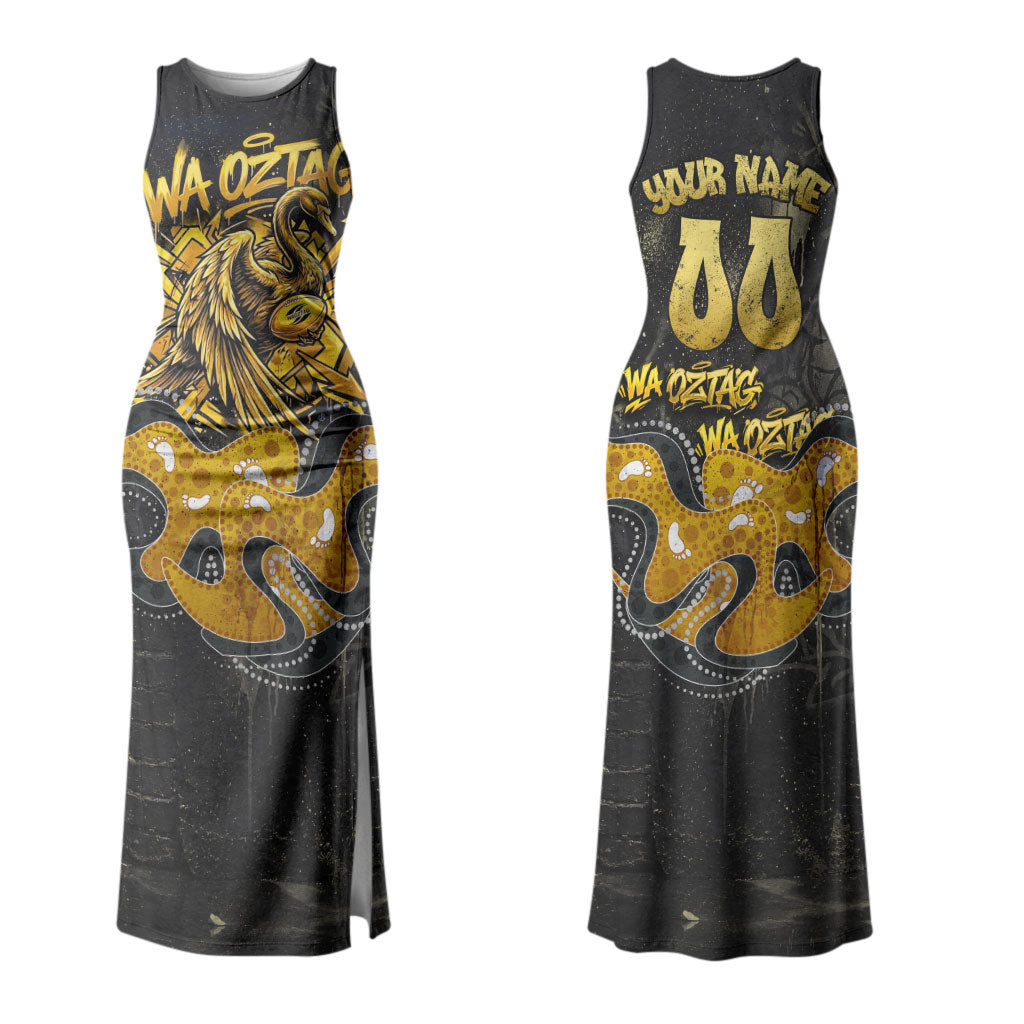 Personalised Western Australia Oztag Swan Couples Matching Tank Maxi Dress and Long Sleeve Button Shirt Black Gold Graffiti Aboriginal Dot Pattern