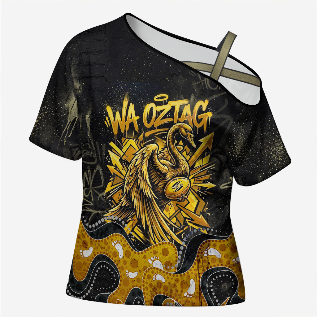 Personalised Western Australia Oztag Swan Cross Shoulder Shirt Black Gold Graffiti Aboriginal Dot Pattern