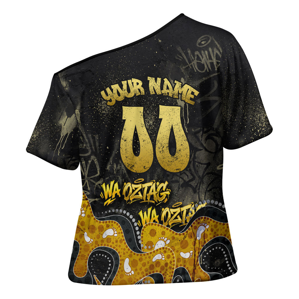 Personalised Western Australia Oztag Swan Cross Shoulder Shirt Black Gold Graffiti Aboriginal Dot Pattern