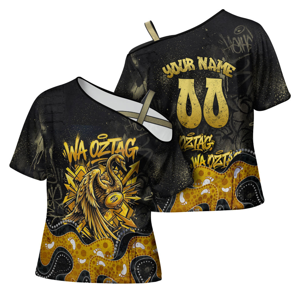 Personalised Western Australia Oztag Swan Cross Shoulder Shirt Black Gold Graffiti Aboriginal Dot Pattern