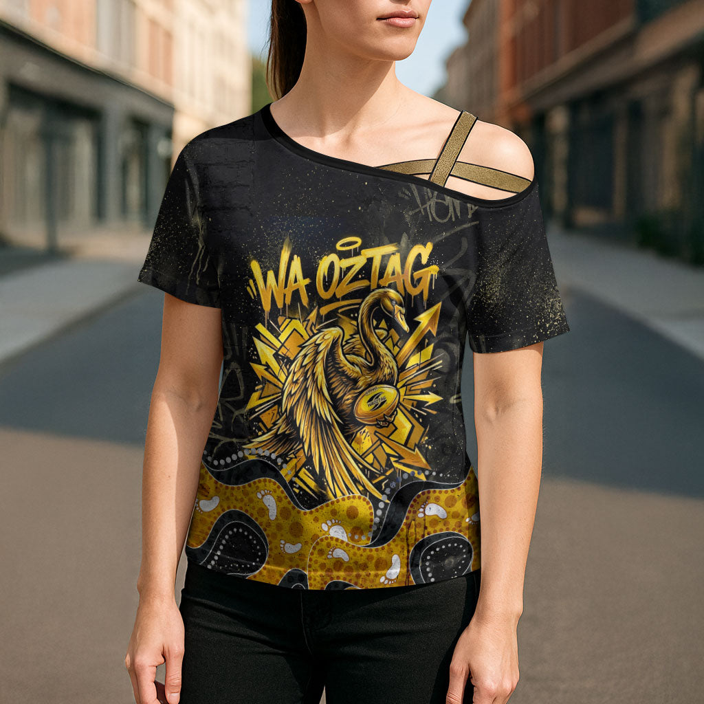 Personalised Western Australia Oztag Swan Cross Shoulder Shirt Black Gold Graffiti Aboriginal Dot Pattern