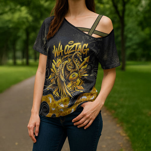 Personalised Western Australia Oztag Swan Cross Shoulder Shirt Black Gold Graffiti Aboriginal Dot Pattern