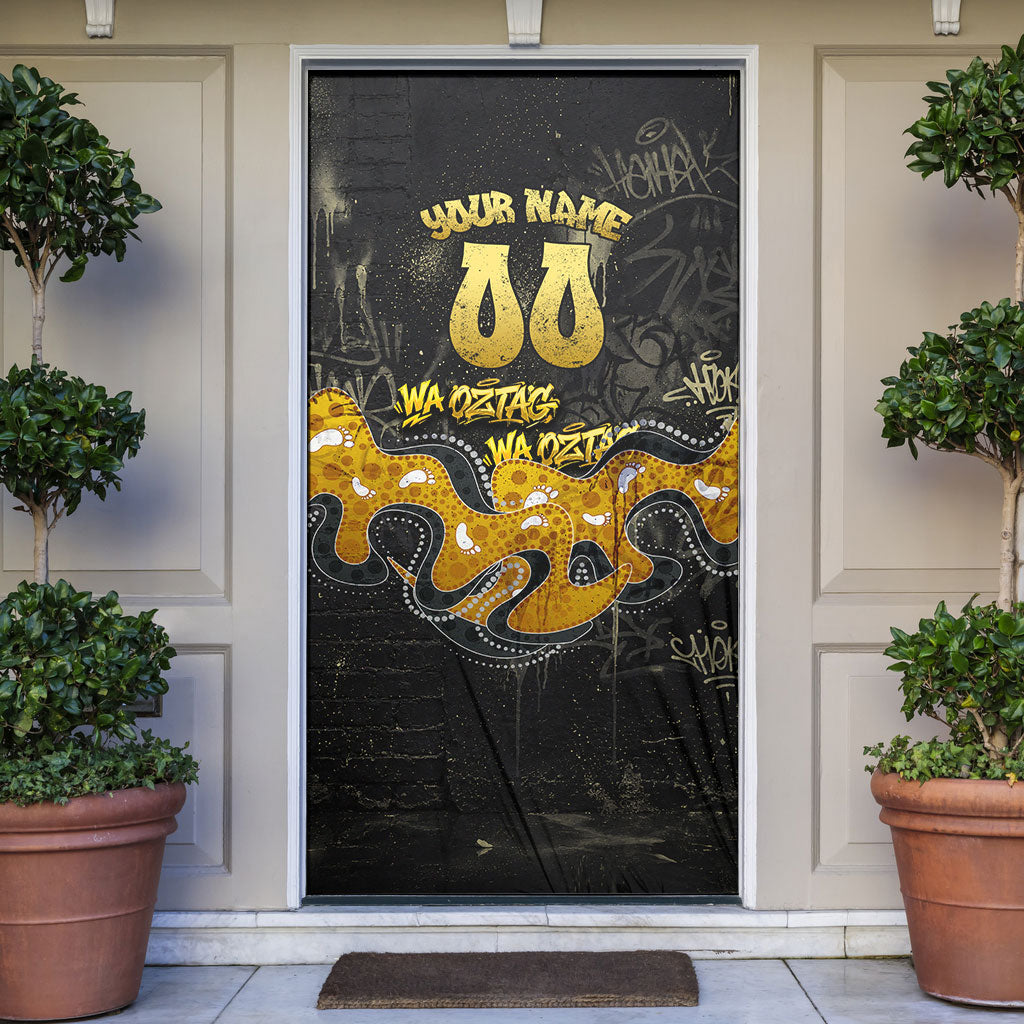 Personalised Western Australia Oztag Swan Door Cover Black Gold Graffiti Aboriginal Dot Pattern