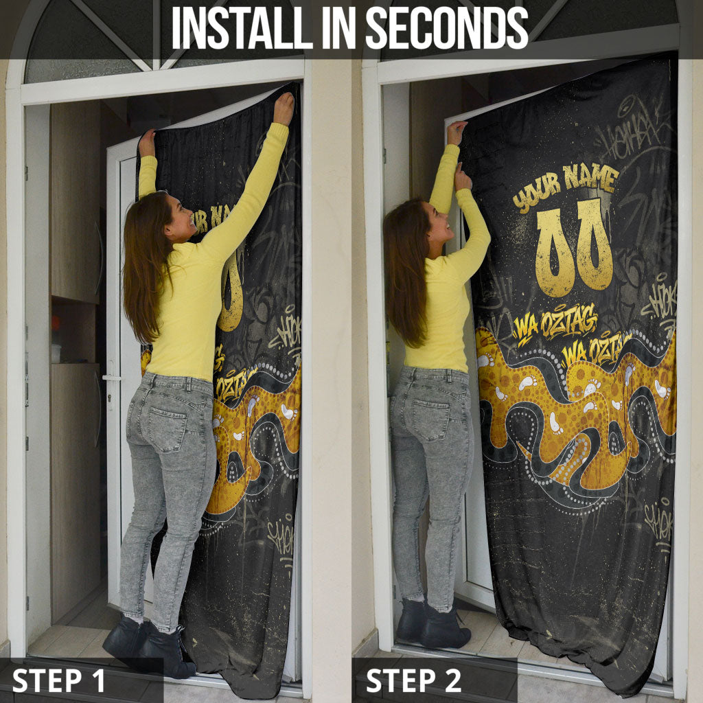 Personalised Western Australia Oztag Swan Door Cover Black Gold Graffiti Aboriginal Dot Pattern