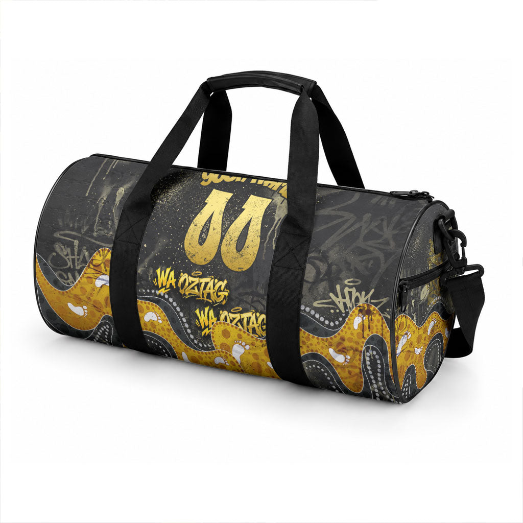 Personalised Western Australia Oztag Swan Duffle Bag Black Gold Graffiti Aboriginal Dot Pattern