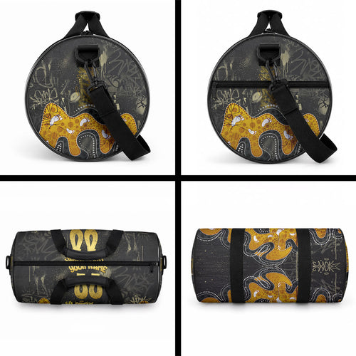 Personalised Western Australia Oztag Swan Duffle Bag Black Gold Graffiti Aboriginal Dot Pattern