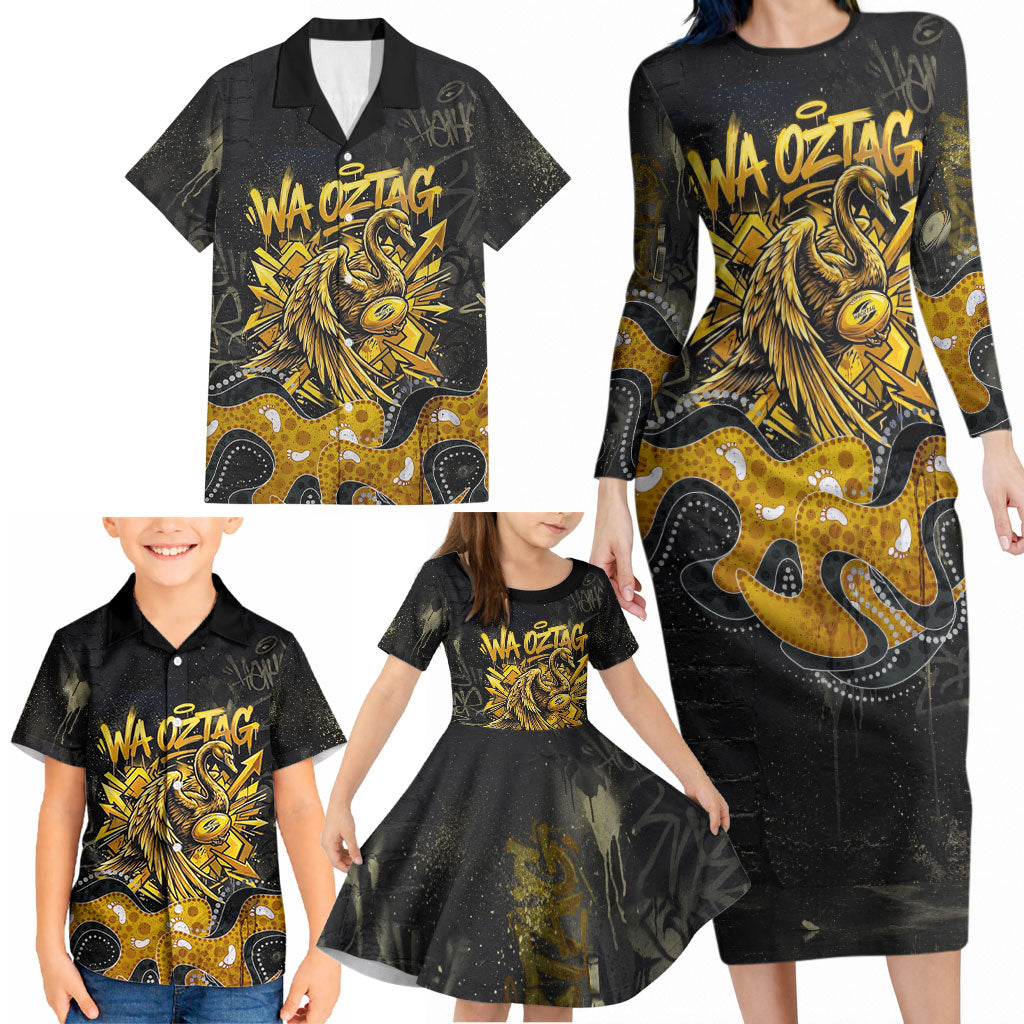 Personalised Western Australia Oztag Swan Family Matching Long Sleeve Bodycon Dress and Hawaiian Shirt Black Gold Graffiti Aboriginal Dot Pattern