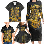 Personalised Western Australia Oztag Swan Family Matching Long Sleeve Bodycon Dress and Hawaiian Shirt Black Gold Graffiti Aboriginal Dot Pattern