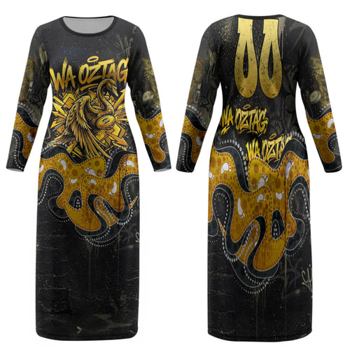 Personalised Western Australia Oztag Swan Family Matching Long Sleeve Bodycon Dress and Hawaiian Shirt Black Gold Graffiti Aboriginal Dot Pattern