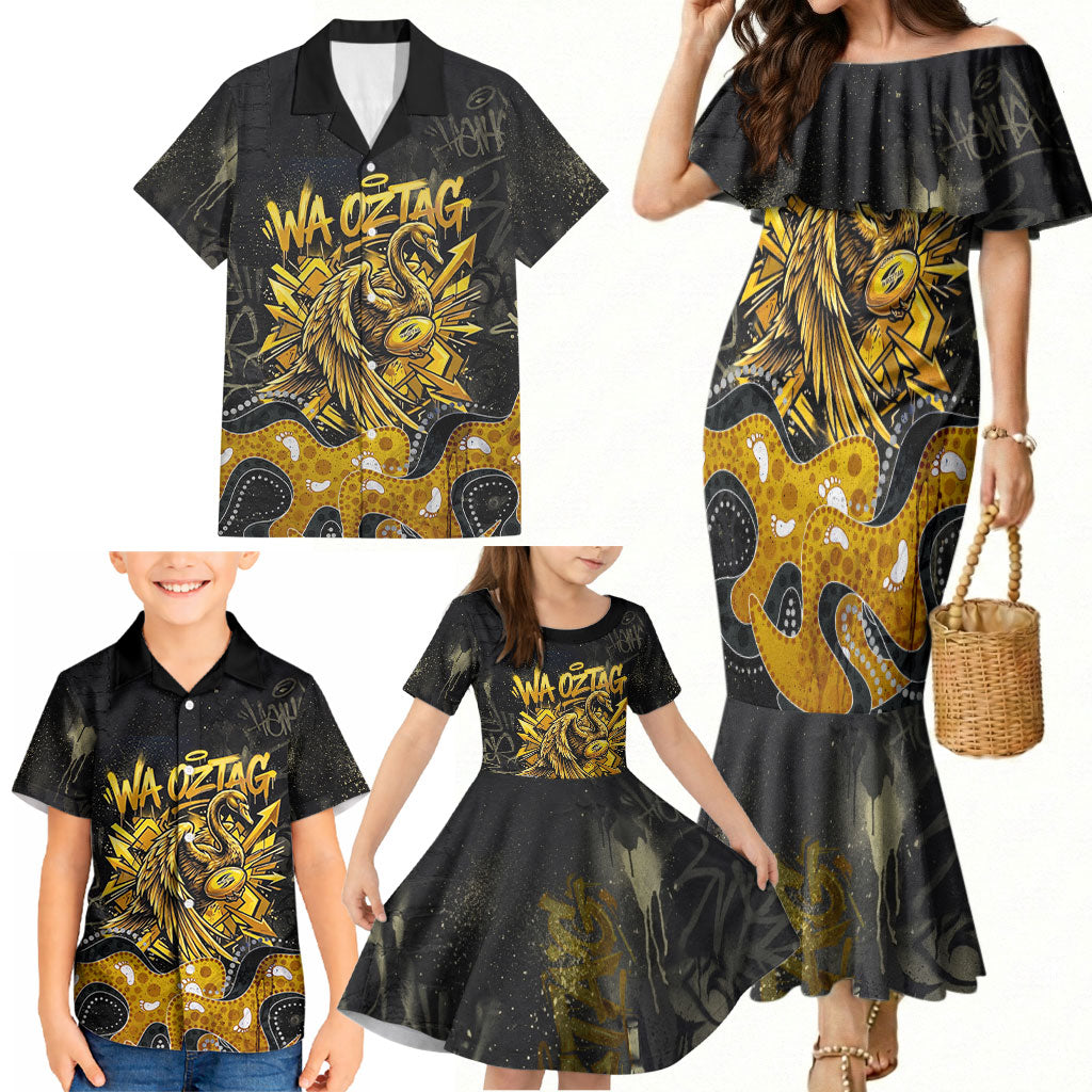 Personalised Western Australia Oztag Swan Family Matching Mermaid Dress and Hawaiian Shirt Black Gold Graffiti Aboriginal Dot Pattern