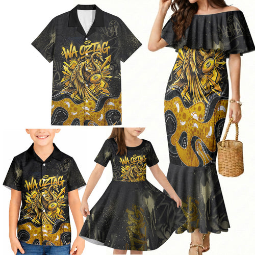 Personalised Western Australia Oztag Swan Family Matching Mermaid Dress and Hawaiian Shirt Black Gold Graffiti Aboriginal Dot Pattern