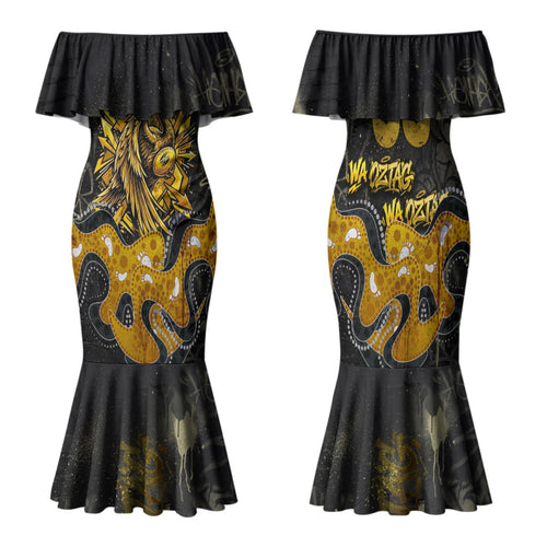 Personalised Western Australia Oztag Swan Family Matching Mermaid Dress and Hawaiian Shirt Black Gold Graffiti Aboriginal Dot Pattern