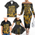 Personalised Western Australia Oztag Swan Family Matching Off The Shoulder Long Sleeve Dress and Hawaiian Shirt Black Gold Graffiti Aboriginal Dot Pattern