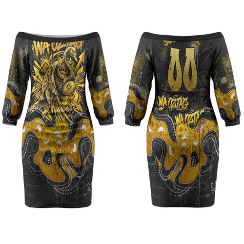 Personalised Western Australia Oztag Swan Family Matching Off The Shoulder Long Sleeve Dress and Hawaiian Shirt Black Gold Graffiti Aboriginal Dot Pattern