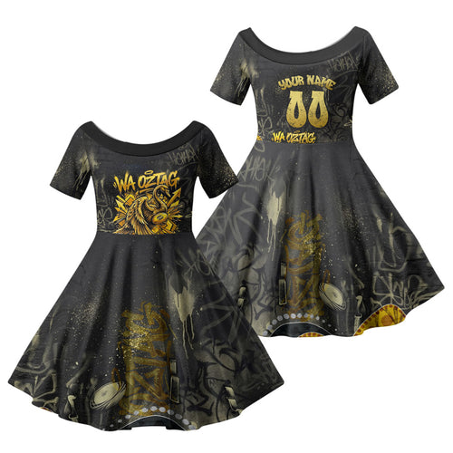 Personalised Western Australia Oztag Swan Family Matching Off The Shoulder Long Sleeve Dress and Hawaiian Shirt Black Gold Graffiti Aboriginal Dot Pattern