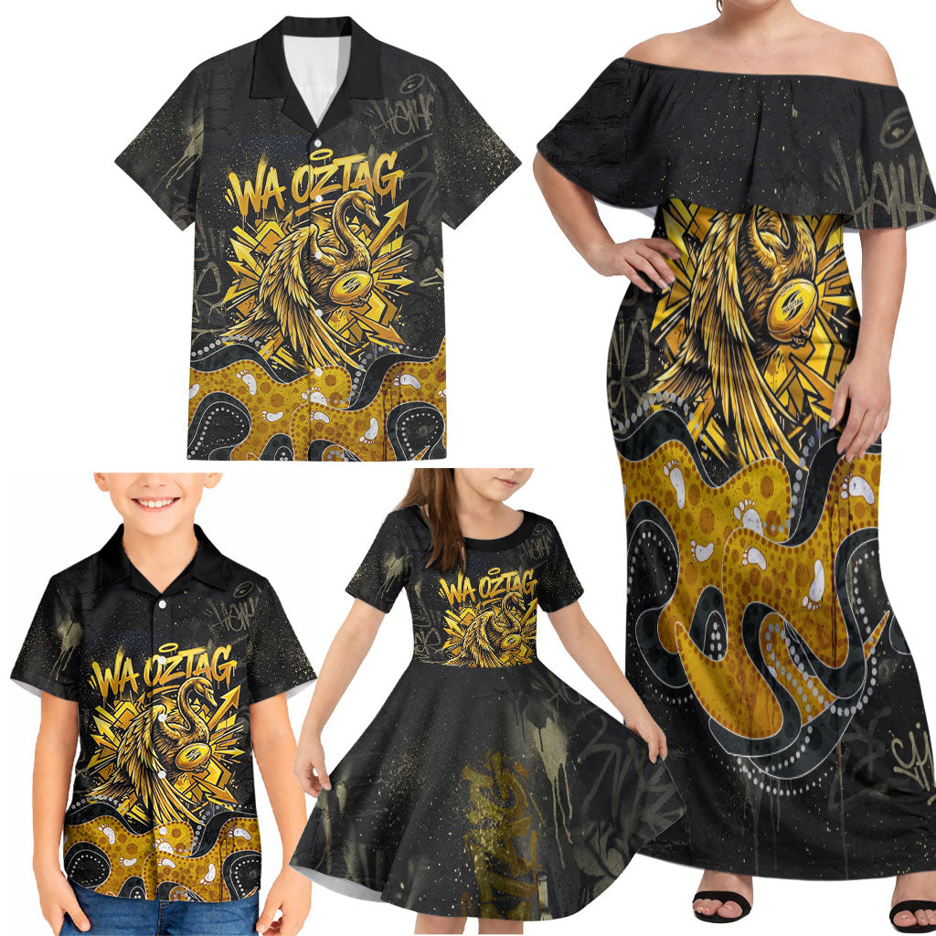 Personalised Western Australia Oztag Swan Family Matching Off Shoulder Maxi Dress and Hawaiian Shirt Black Gold Graffiti Aboriginal Dot Pattern