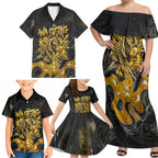 Personalised Western Australia Oztag Swan Family Matching Off Shoulder Maxi Dress and Hawaiian Shirt Black Gold Graffiti Aboriginal Dot Pattern