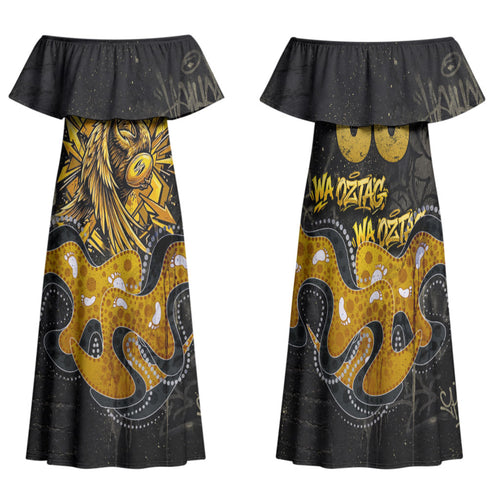 Personalised Western Australia Oztag Swan Family Matching Off Shoulder Maxi Dress and Hawaiian Shirt Black Gold Graffiti Aboriginal Dot Pattern