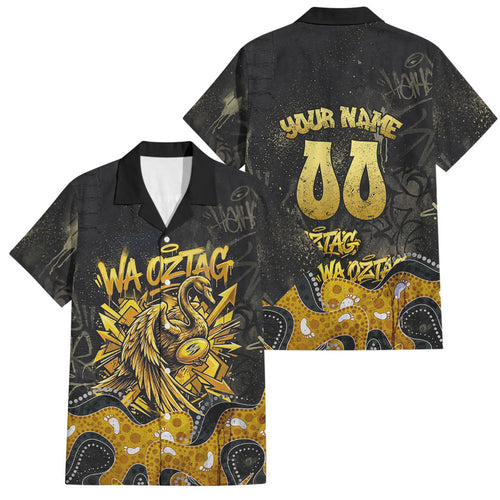 Personalised Western Australia Oztag Swan Family Matching Off Shoulder Maxi Dress and Hawaiian Shirt Black Gold Graffiti Aboriginal Dot Pattern