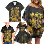 Personalised Western Australia Oztag Swan Family Matching Off Shoulder Short Dress and Hawaiian Shirt Black Gold Graffiti Aboriginal Dot Pattern