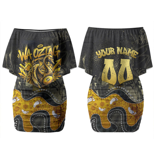 Personalised Western Australia Oztag Swan Family Matching Off Shoulder Short Dress and Hawaiian Shirt Black Gold Graffiti Aboriginal Dot Pattern